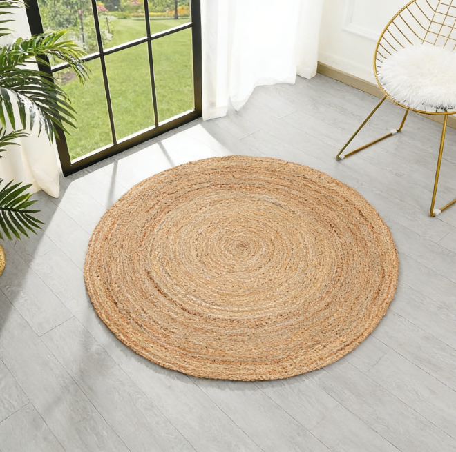Vintage-Style Braided Round Jute Rug – 48-inch Reversible Accent Mat