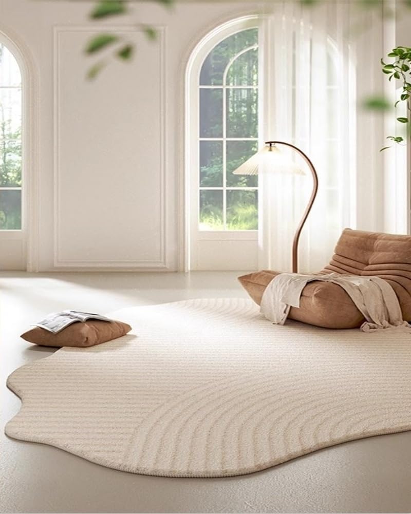 Minimalist Luxury Irregular Shaped Area Rug Cream White Curved Striped Texture Indoor Rugs 10x16 for Livingroom Bedroom Diningroom Nursery Dorm Guestroom Modern Neutral Washable Non Slip Soft Carpet