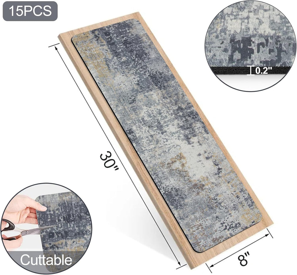 Stair Treads Non Slip for Wooden Steps, 15PCS 8"x30" Grey Rubber Backing Stair Runner Mats, Washable Reusable Carpet for Stairs Rugs Indoor Safety Staircase Step Treads for Kids Elders Dogs