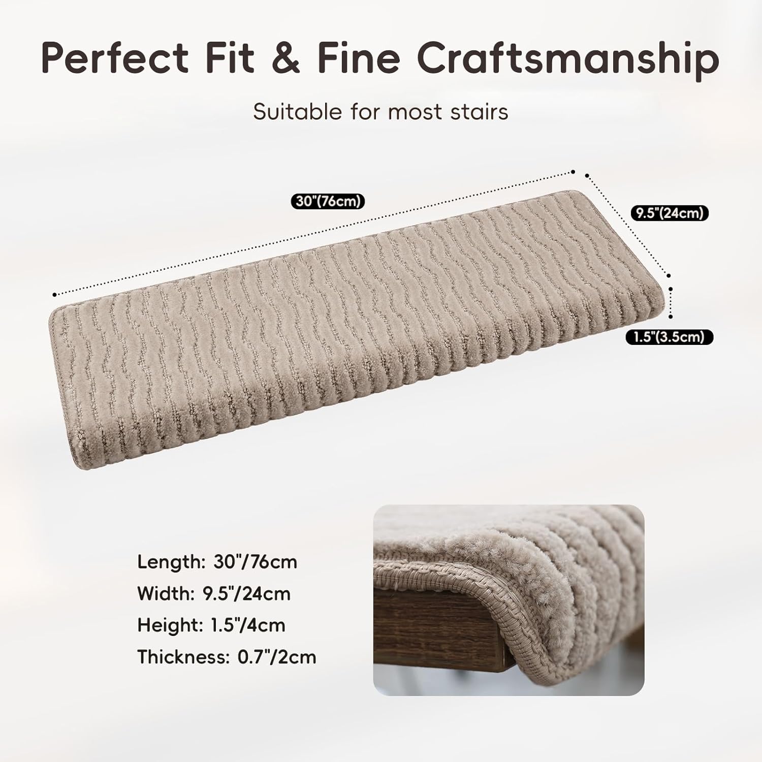 Thick Cushioned Rounded Bullnose Carpet Stair Treads for Wooden Steps – Self-Adhesive Peel and Stick Non-Slip Rug, Soft Plush Edging Stair Protectors(9.5"x30"x1.5",Beige Gray,14PCS)