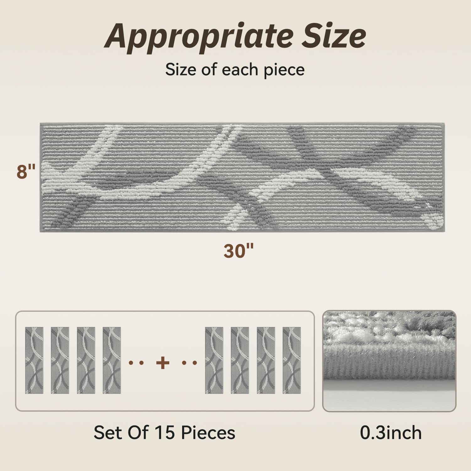 Stair Treads for Wooden Steps,15 Pack Peel and Stick Stair Treads Indoor,3D Adhesive Stair Runner for Kids,Elders and Pets, Washable Carpet for Stairs,8"x30",Grey