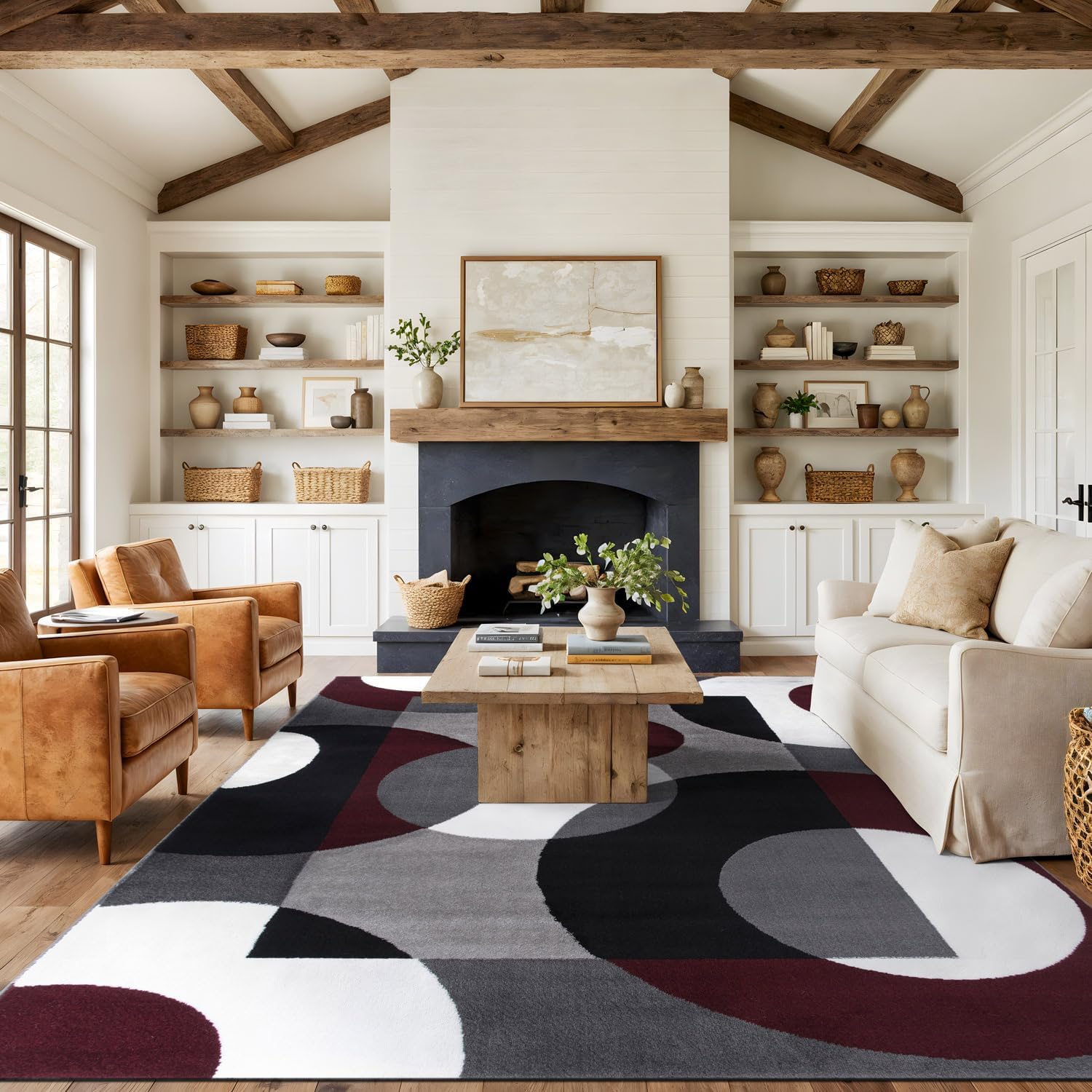 Burgundy Modern Geometric Area Rug, Overlapping Circle Pattern, Non-Shedding, High-Impact Focal Piece for Grand Living Room, Dining Room and Office, 10' x 14'