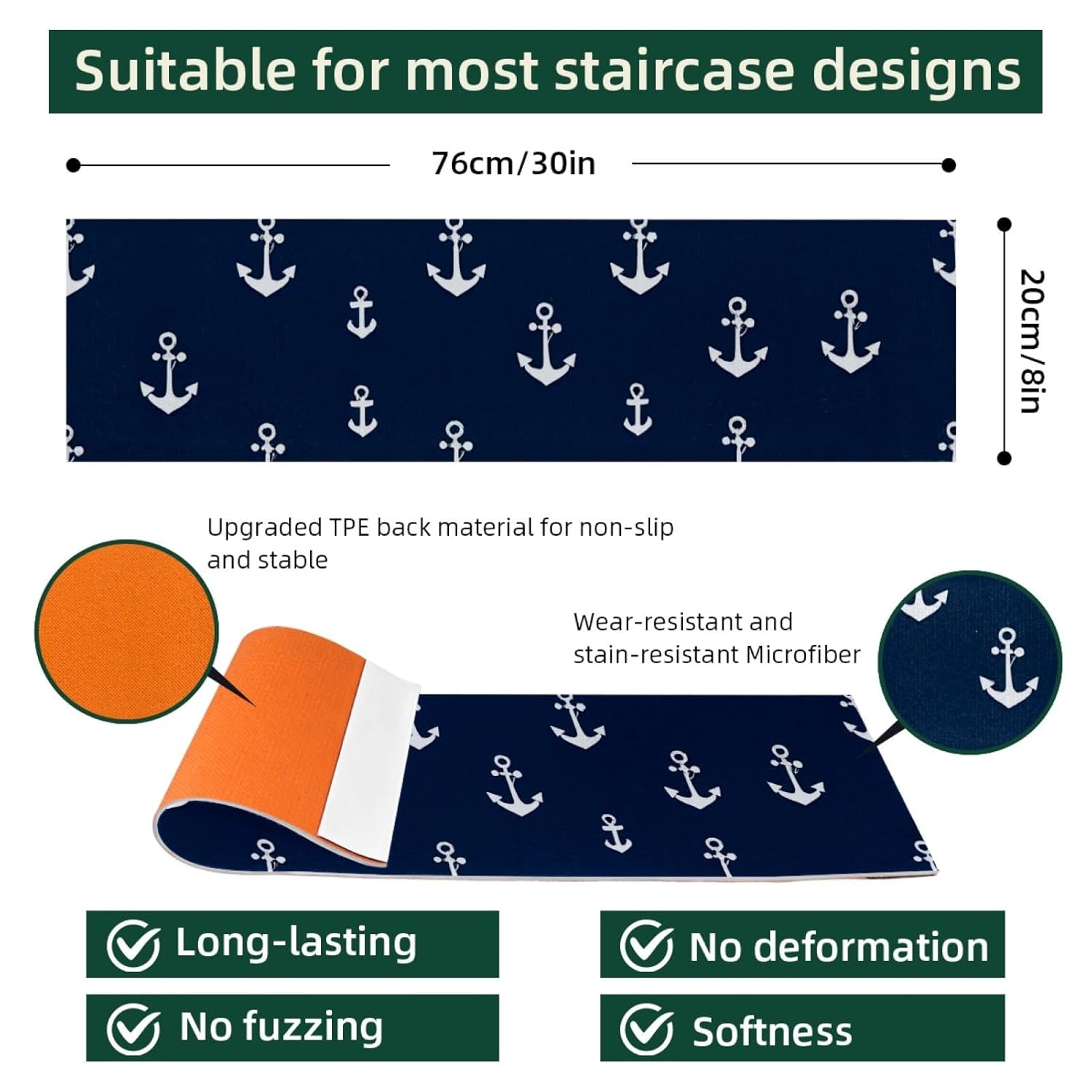 15 Pcs Non Slip Carpet Stair Treads, Navy Nautical Anchor Stair Runners for Wooden Steps Indoor, Stair Carpet Runners Safety Mats with Adhesive for Dogs Kids and Elders, 30"x8"