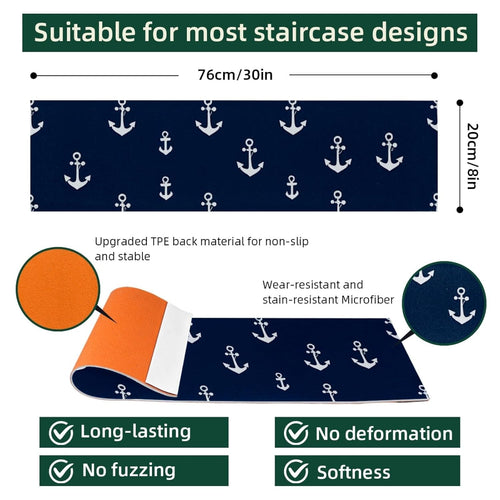 15 Pcs Non Slip Carpet Stair Treads, Navy Nautical Anchor Stair Runners for Wooden Steps Indoor, Stair Carpet Runners Safety Mats with Adhesive for Dogs Kids and Elders, 30"x8"