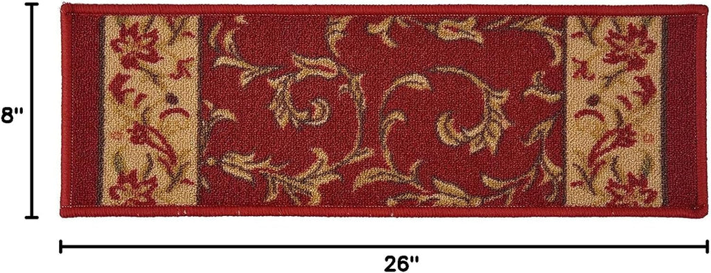 Stair Treads for Wooden Steps Indoor 8.5” x 26” Slip Resistant Machine Washable Staircase Carpet Mat, Safe for Elders, Kids and Pets  Floral Design Red Color, Set of 13