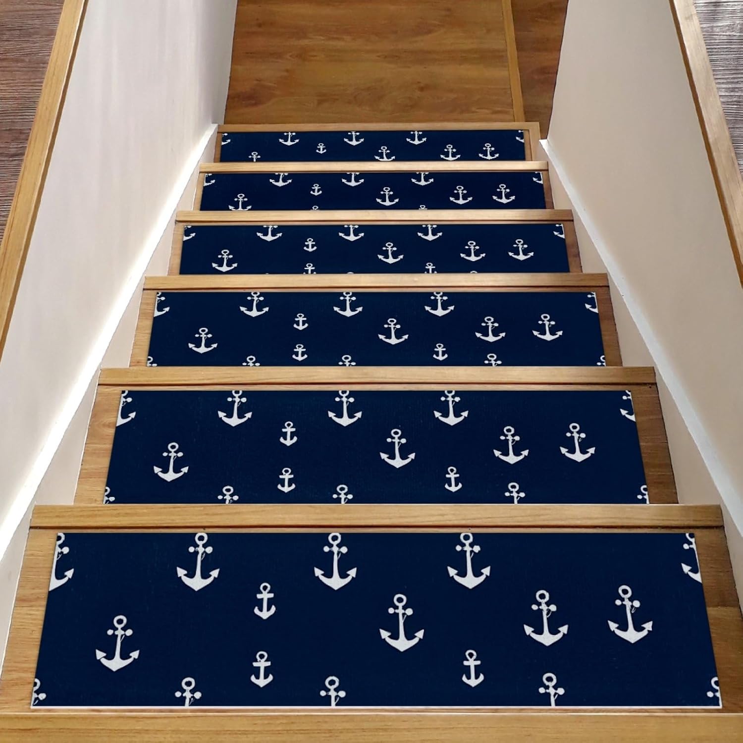 15 Pcs Non Slip Carpet Stair Treads, Navy Nautical Anchor Stair Runners for Wooden Steps Indoor, Stair Carpet Runners Safety Mats with Adhesive for Dogs Kids and Elders, 30"x8"