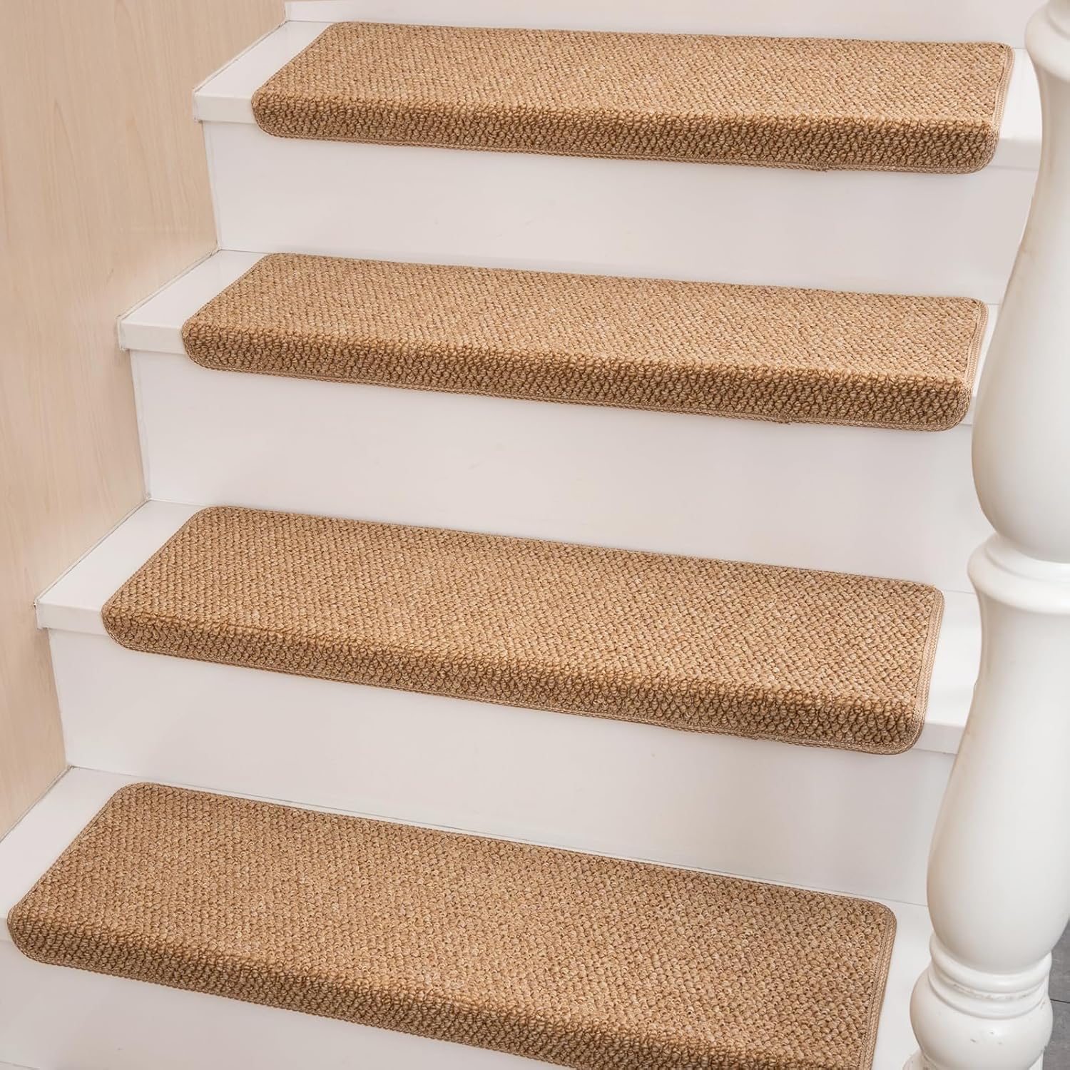 Bullnose Carpet Faux Sisal Stair Treads | Set of 14 | Stair Treads for Wooden Steps Indoor Anti Slip Braided Staircase Protector Pet Friendly Rugs Covers 9.44" X 29.5"x 1.9",Golden