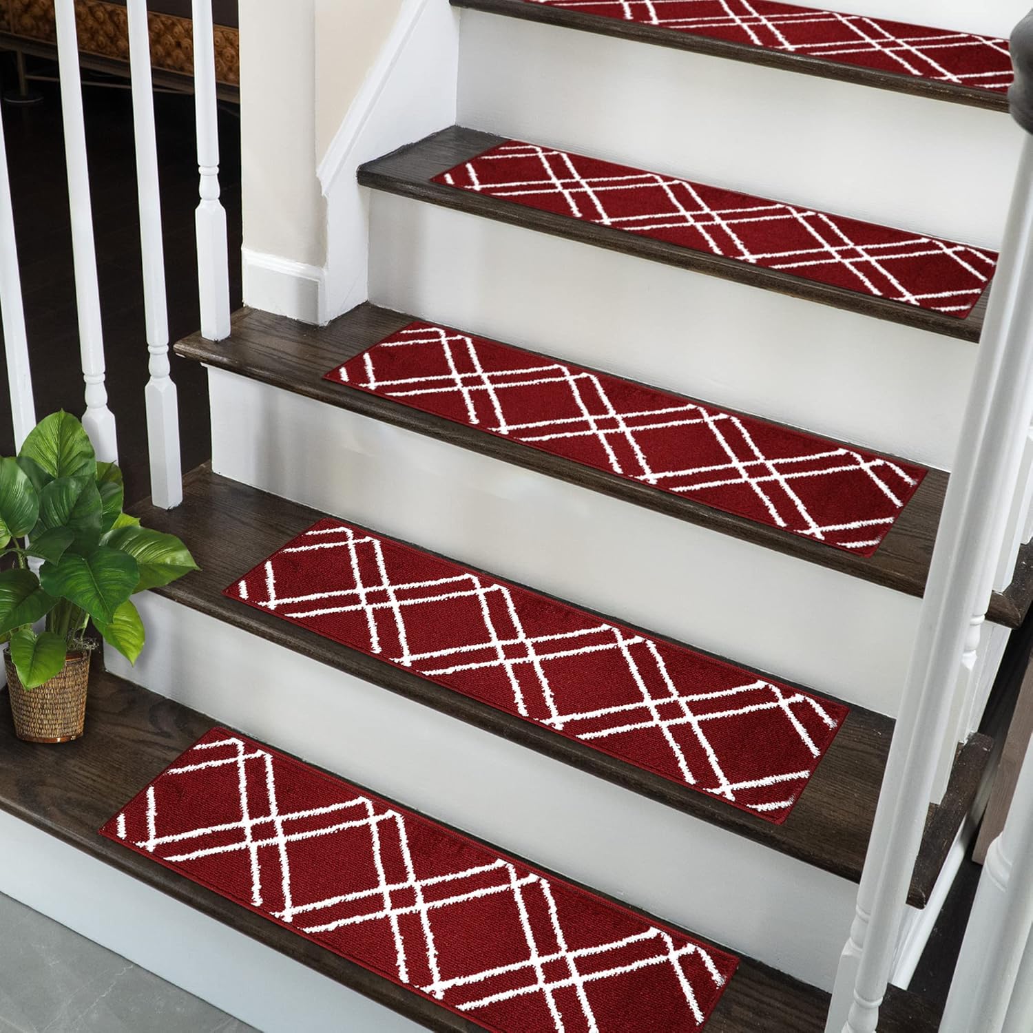 Carpet Stair Treads for Wooden Steps - Indoor Staircase Step Treads with Thick Carpet & Pattern Design - Self Adhesive Safety Treads to Prevent Slipping - Pet & Kid-Friendly - 10-Pack