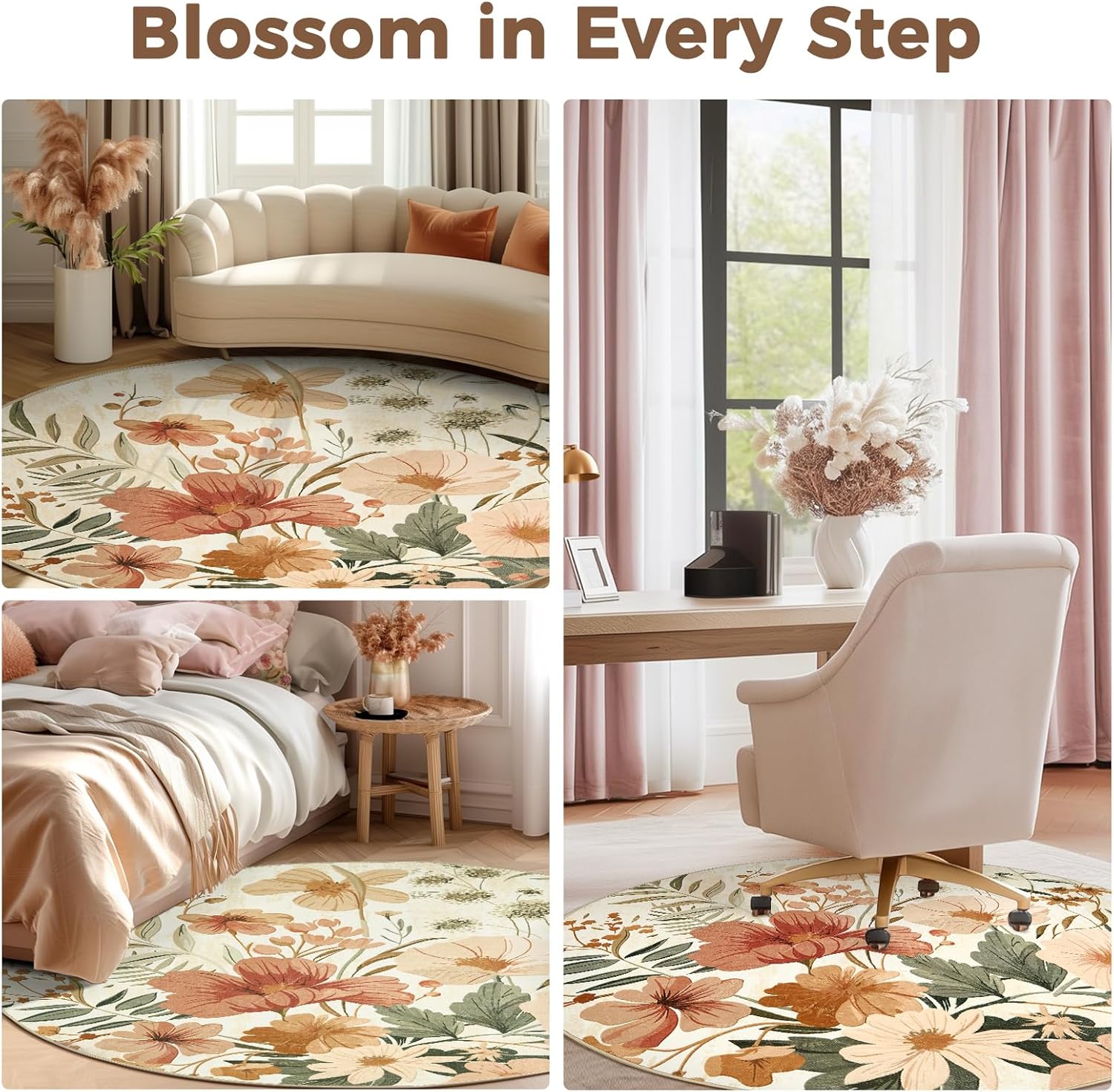 Floral Round Rug 6ft Area Rug Indoor Circle 6' Round Washable Modern Oriental Flower Print Non Slip Carpet for Living Room Dining Room Bedroom Office Decor Pink/Grey