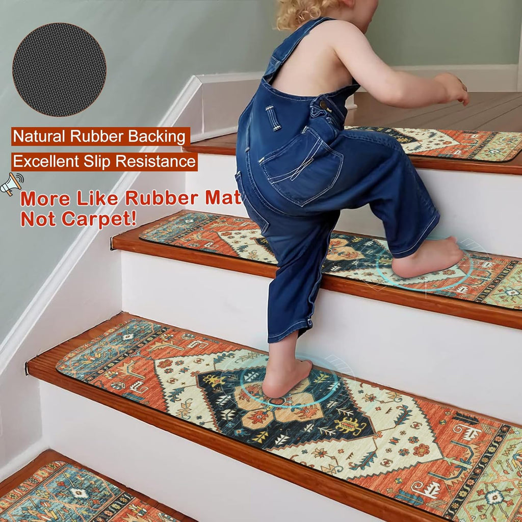 Non-Slip Carpet Stair Treads for Wooden Steps Set of 15, 30''X8'' Indoor Runner Resistant Rugs Rubber Safety Mats for Dogs, Kids & Elders, Stairway Grip