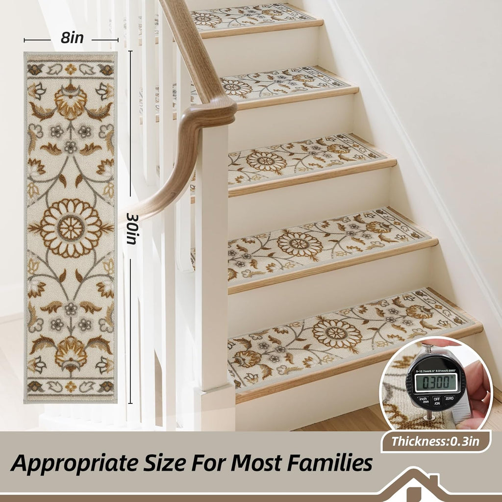 Stair Treads for Wooden Steps Non-Slip Machine Washable Carpet Stair Treads 8"X30" Soft Indoor Stair Rug Runner for Kids Elders and Pets, 100% Polyester, TPE Backing, 15pcs, Brown/Grey