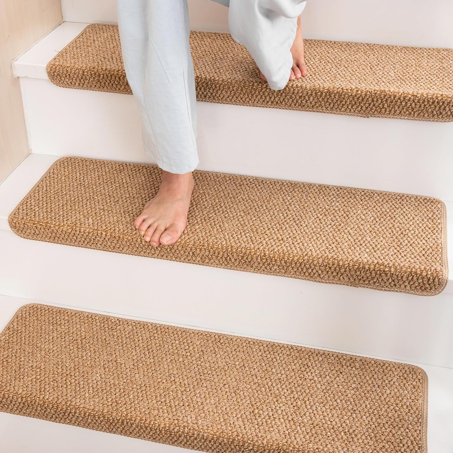 Bullnose Carpet Faux Sisal Stair Treads | Set of 14 | Stair Treads for Wooden Steps Indoor Anti Slip Braided Staircase Protector Pet Friendly Rugs Covers 9.44" X 29.5"x 1.9",Golden