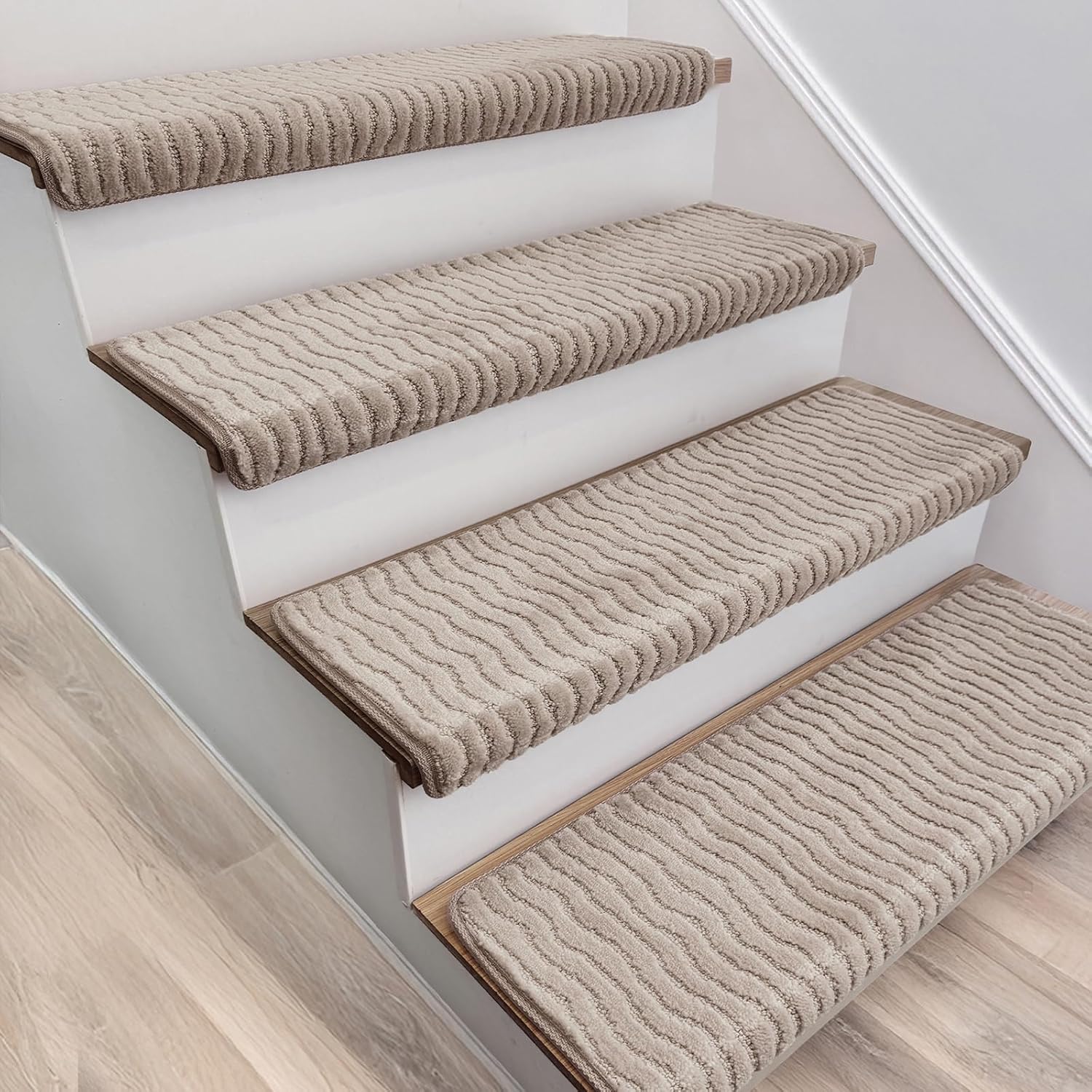 Thick Cushioned Rounded Bullnose Carpet Stair Treads for Wooden Steps – Self-Adhesive Peel and Stick Non-Slip Rug, Soft Plush Edging Stair Protectors(9.5"x30"x1.5",Beige Gray,14PCS)