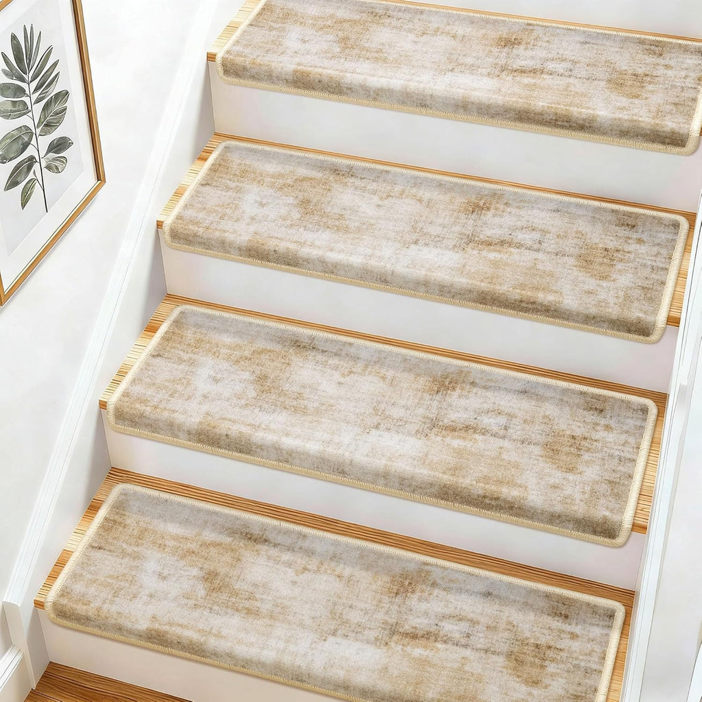 Bullnose Stair Treads for Wooden Steps, Non-Slip Peel and Stick Carpet Stair Runner, Pet Friendly Indoor Stair Protectors, Soft Washable Reusable,9.5x30 14Pcs,Brown