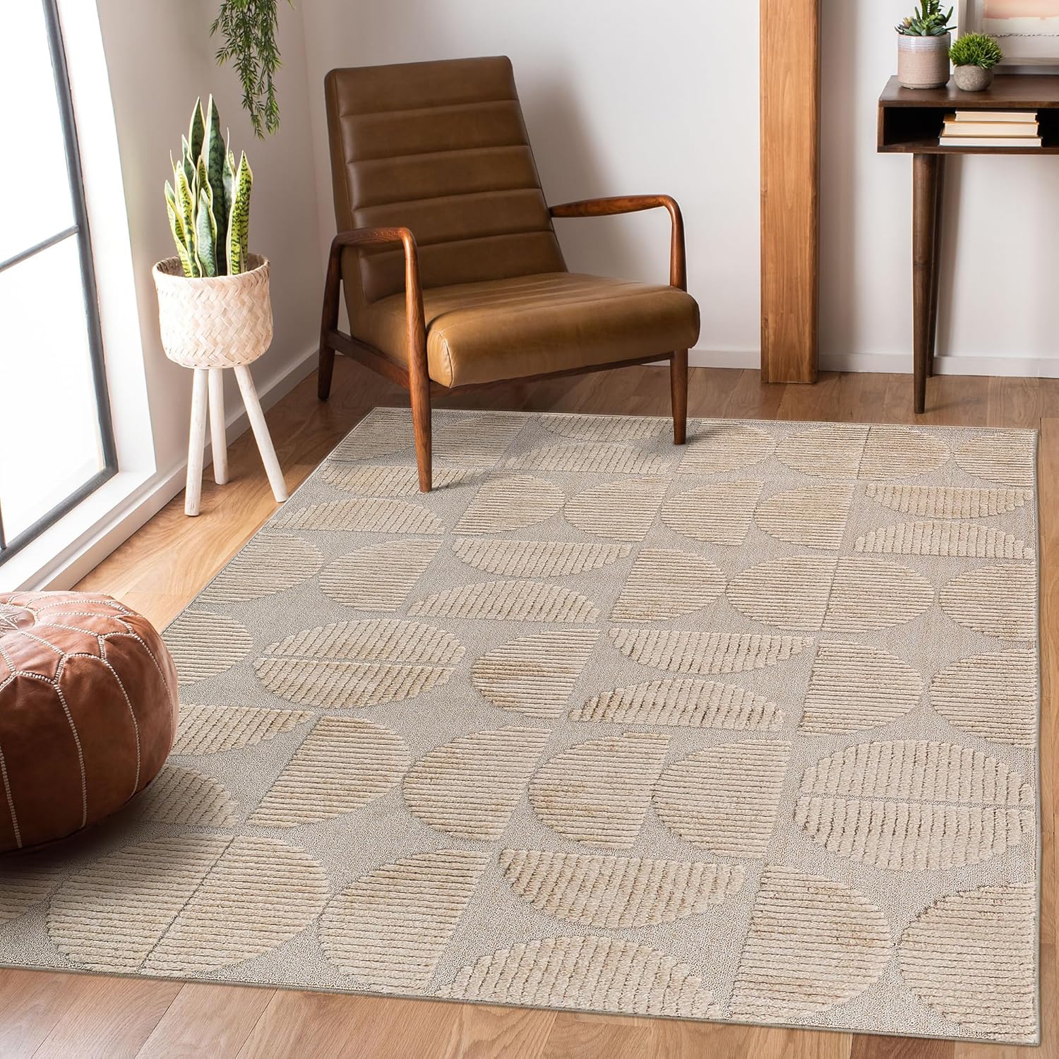 Collection High-Low Beige Indoor Area Rug, 9'x12', Modern, Contemporary, Geometric, Bohemian, Bedroom, Kitchen, Living Room, Non Shedding Carpet
