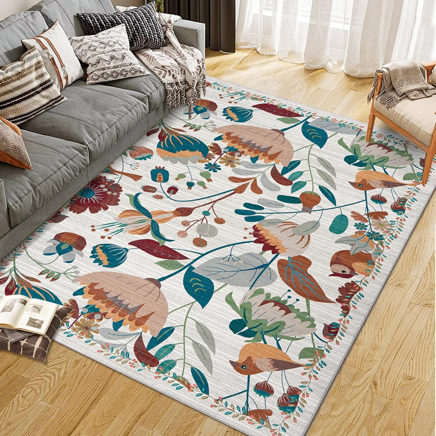 Bohemian Bird Area Rug Washable Floral Bedroom Low-Pile Soft Playroom Carpet, Jungle Pattern Vintage Indoor Floor Rug for Living Room and Nursery 10'x13' Beige