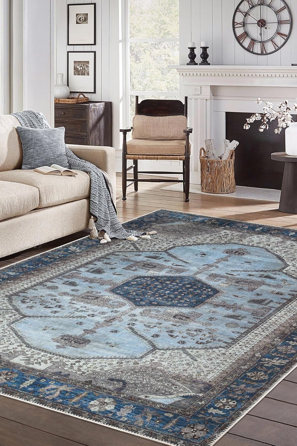 10x14 Rug - Machine Washable Area Rug with Non-Slip Backing, Ideal for Living Room, Dining Room, Bedroom - Vintage, Easy Clean, Durable, Low Pile Rug - (9'7" x 14')