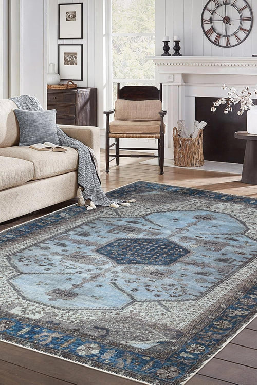 10x14 Rug - Machine Washable Area Rug with Non-Slip Backing, Ideal for Living Room, Dining Room, Bedroom - Vintage, Easy Clean, Durable, Low Pile Rug - (9'7" x 14')