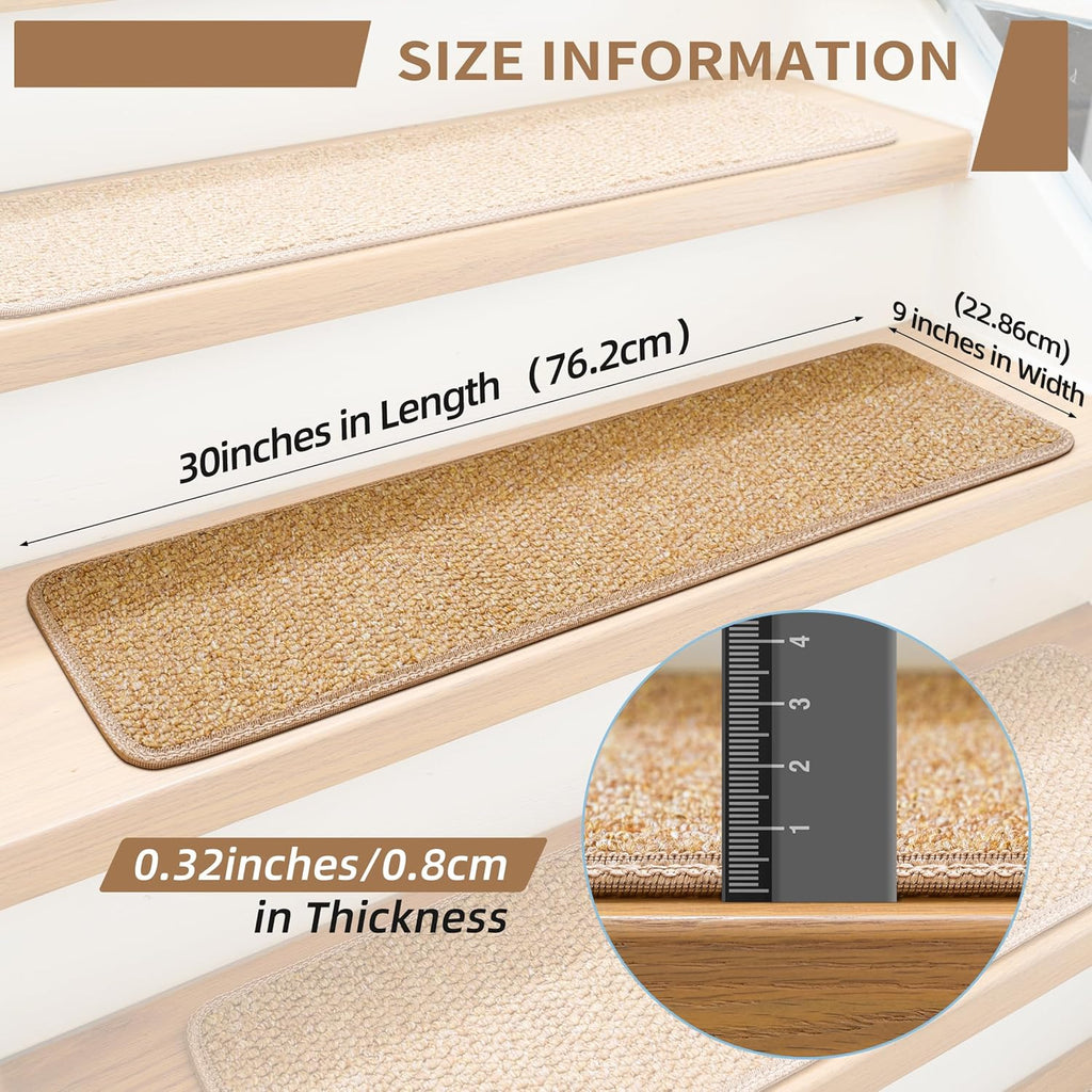 Stair Treads for Wooden Steps Indoor 9x30 Inch, 15 Pcs Non Slip Peel and Stick Carpet Stair Treads Self Adhesive, Washable & Reusable Stair Runner Rugs for Kids Elders and Pets - Beige