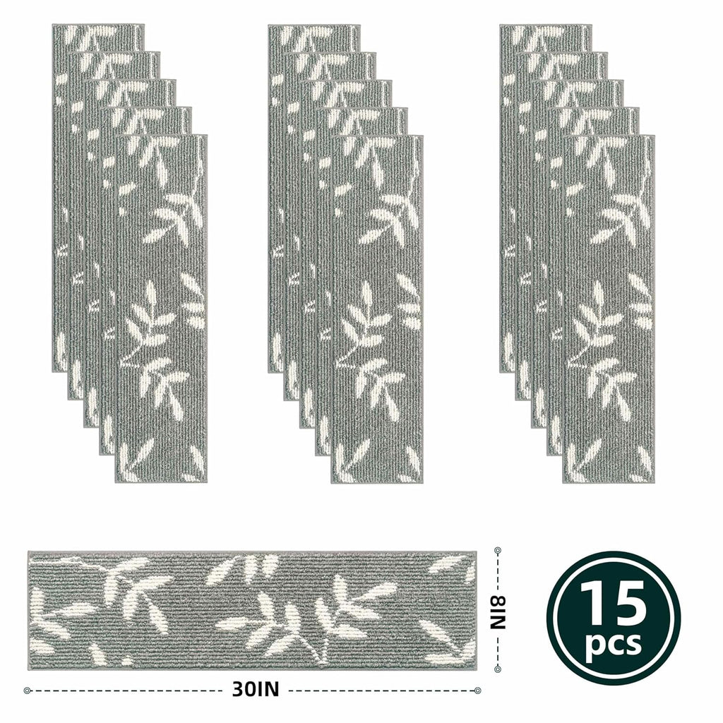 Carpet Stair Treads, Non-Slip Stair Treads for Wooden Steps Indoor, 30”x8” Stair Runner for Pets Non Skid Wood Staircase Step Treads Reusable, Set of 15, Grey