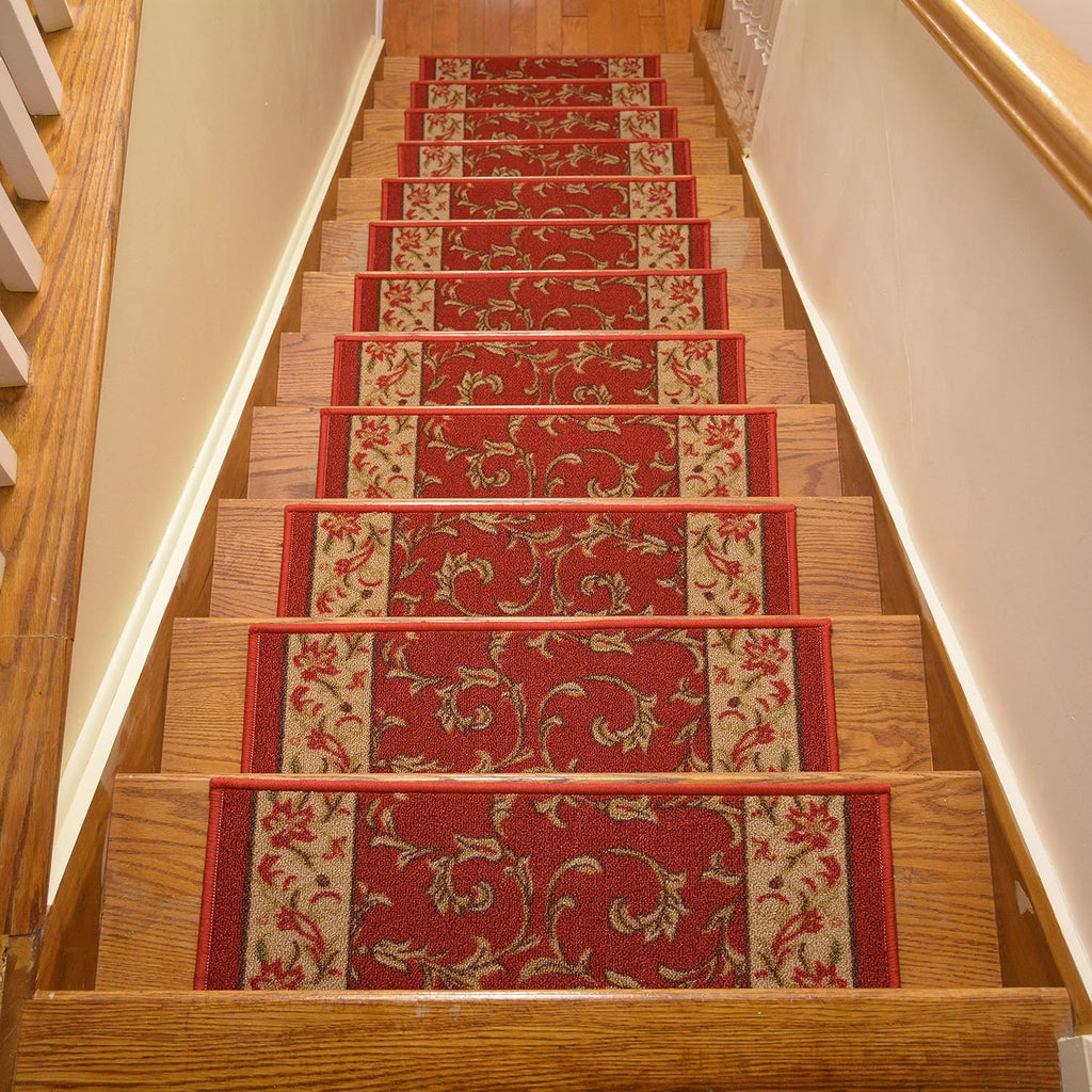 Stair Treads for Wooden Steps Indoor 8.5” x 26” Slip Resistant Machine Washable Staircase Carpet Mat, Safe for Elders, Kids and Pets  Floral Design Red Color, Set of 13